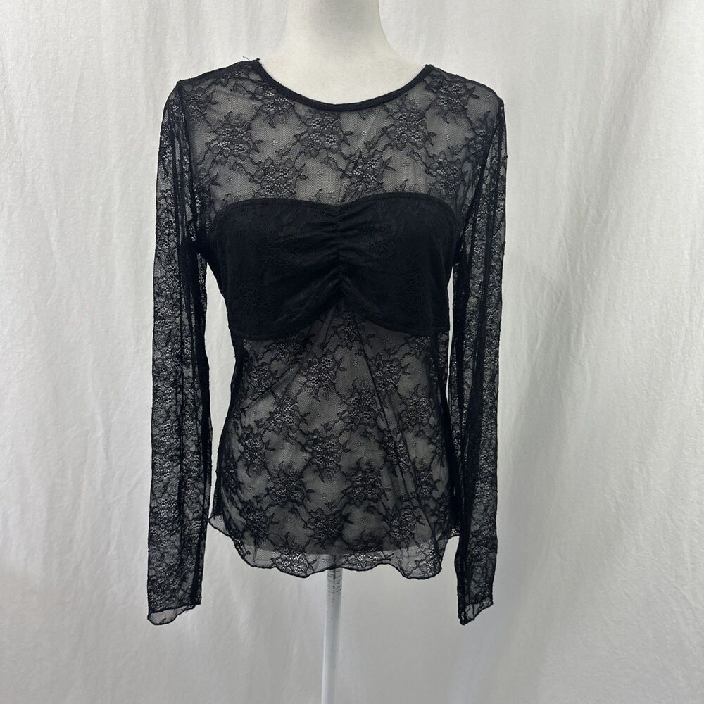Unbranded Black Floral Sheer Lace Ruched Crop Long Sleeve Top Dark Whimsy Sz XL